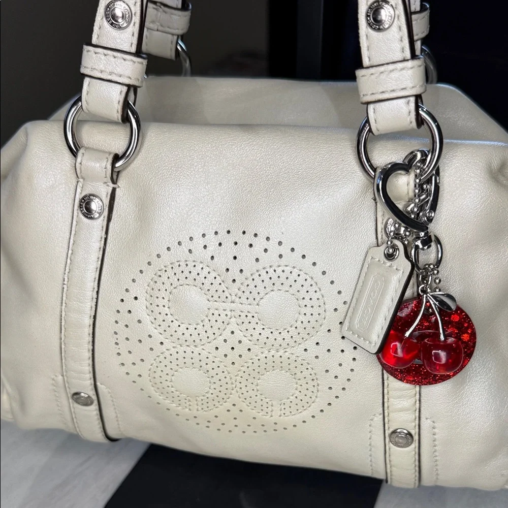 Coach Metallic Cream Perforated Opt Art Mini Satchel with Charm
